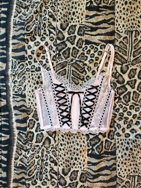 Victoria's Secret Pink Lace Corset Bralette with Black Ribbon